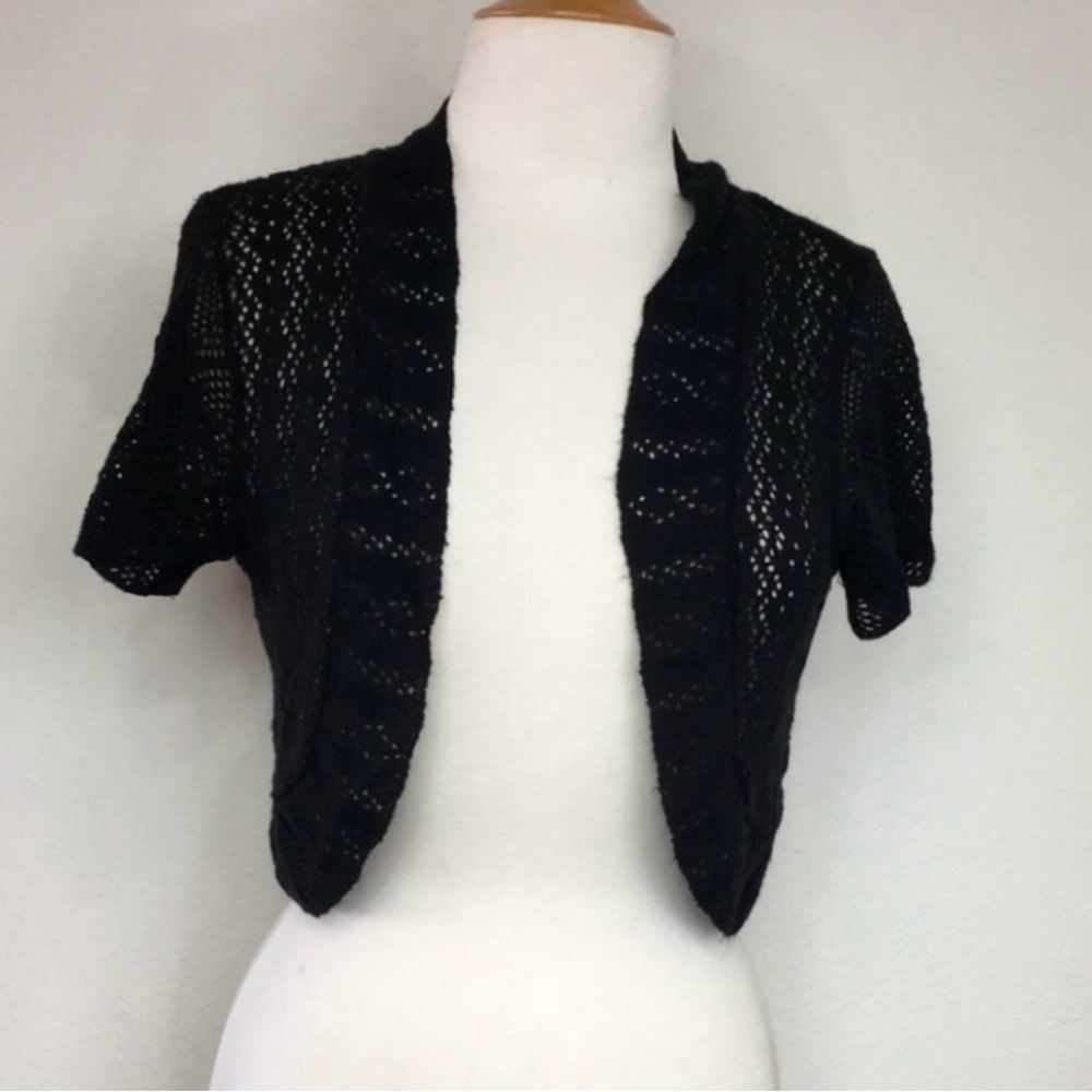 Jessica Howard Black Lightweight Knit Crop Open Front Acrylic Cardigan Size LP